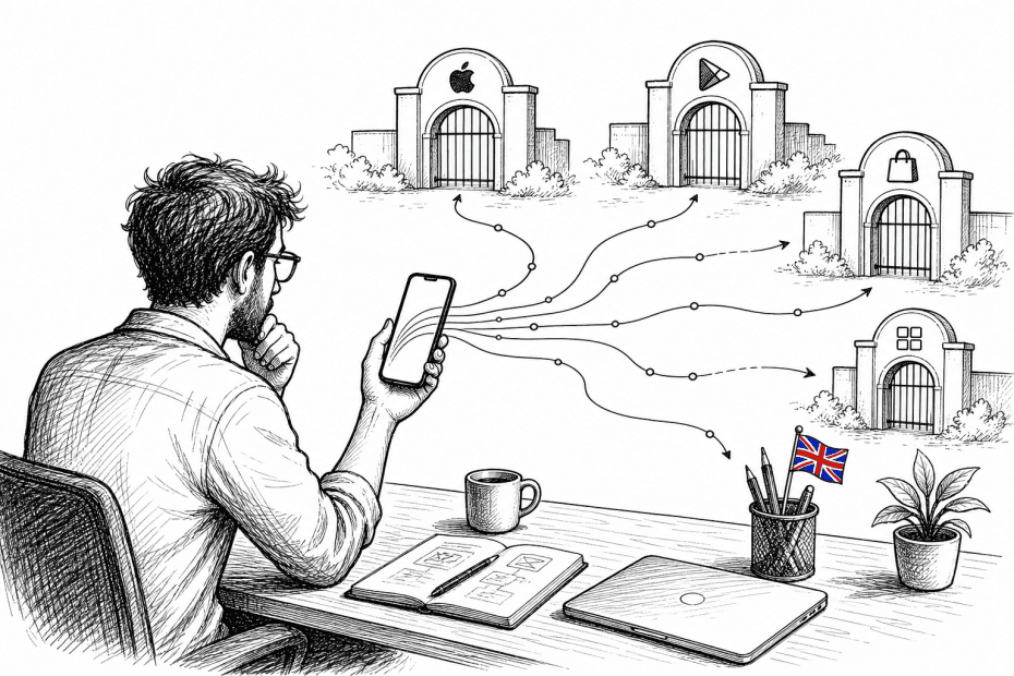 Pen-and-ink illustration of a small app developer reviewing mobile payment routes, with a small tucked-away Union Jack as the only coloured element