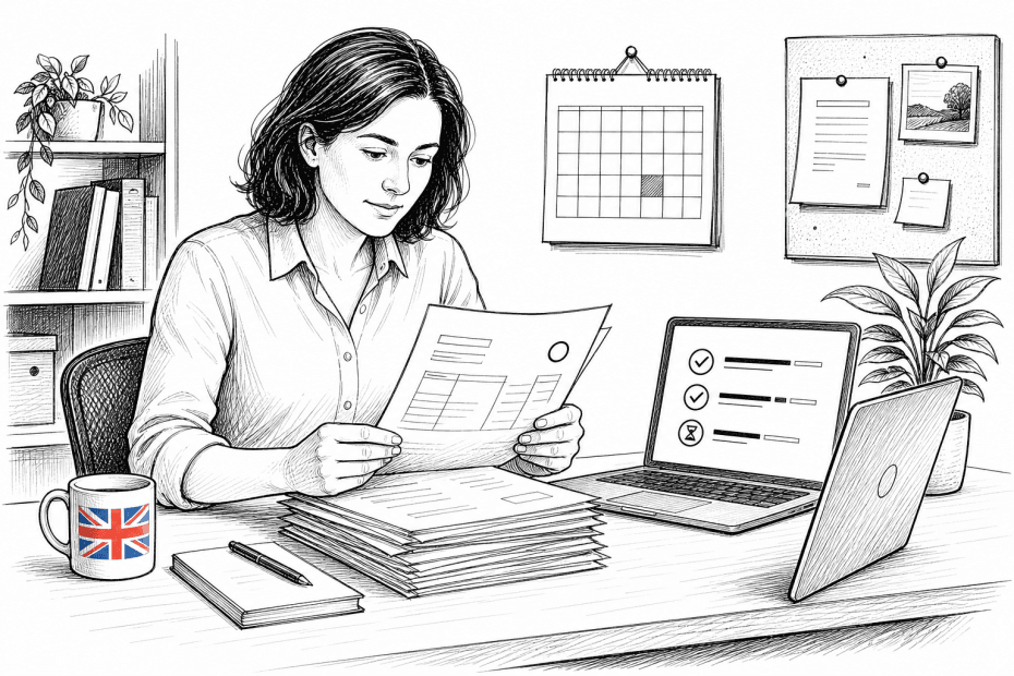 Pen-and-ink illustration of a small business owner checking overdue invoices at a desk, with a small tucked-away Union Jack as the only coloured element