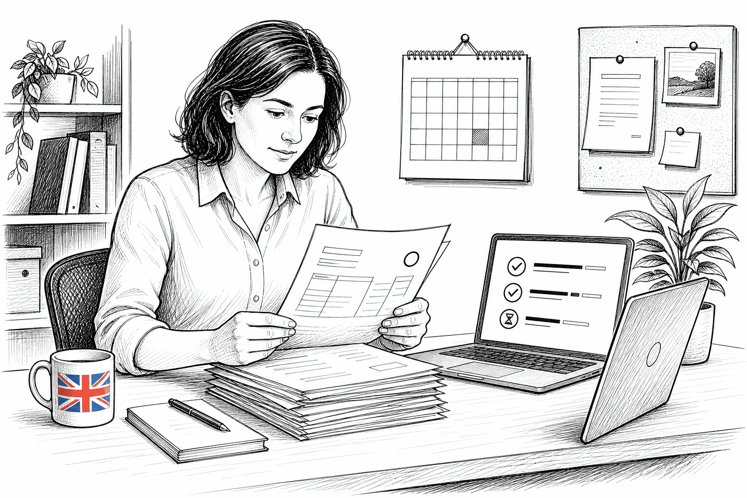 Pen-and-ink illustration of a small business owner checking overdue invoices at a desk, with a small tucked-away Union Jack as the only coloured element