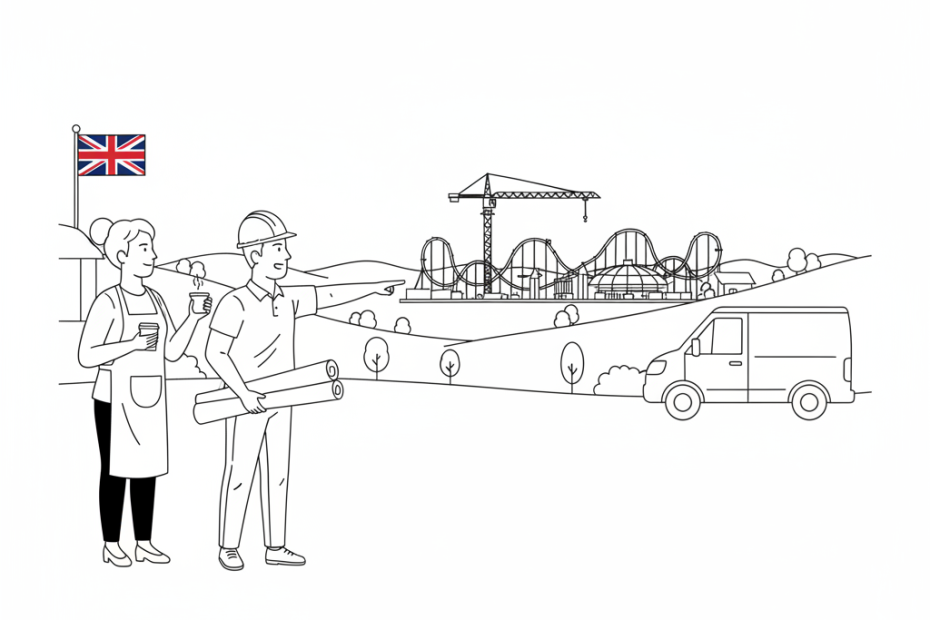 Pen-and-ink illustration of small Bedfordshire businesses preparing for a major visitor resort, with a small tucked-away Union Jack as the only coloured element