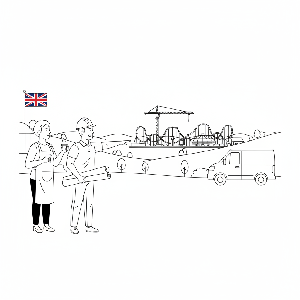Pen-and-ink illustration of small Bedfordshire businesses preparing for a major visitor resort, with a small tucked-away Union Jack as the only coloured element