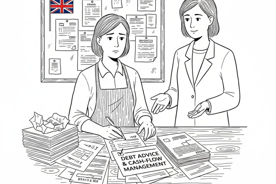 Pen-and-ink illustration of a UK small business owner reviewing debt advice paperwork at a shop counter, with a small tucked-away Union Jack as the only coloured element