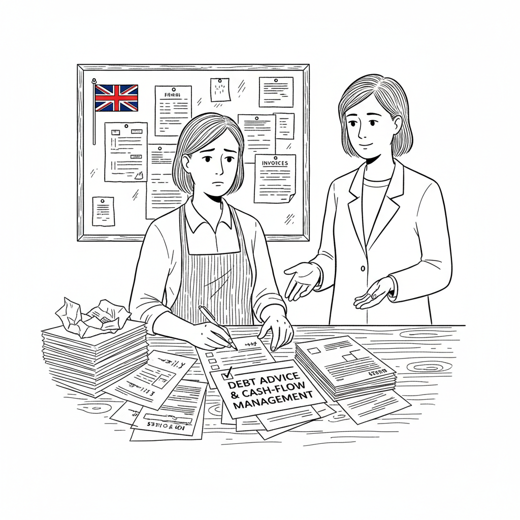 Pen-and-ink illustration of a UK small business owner reviewing debt advice paperwork at a shop counter, with a small tucked-away Union Jack as the only coloured element