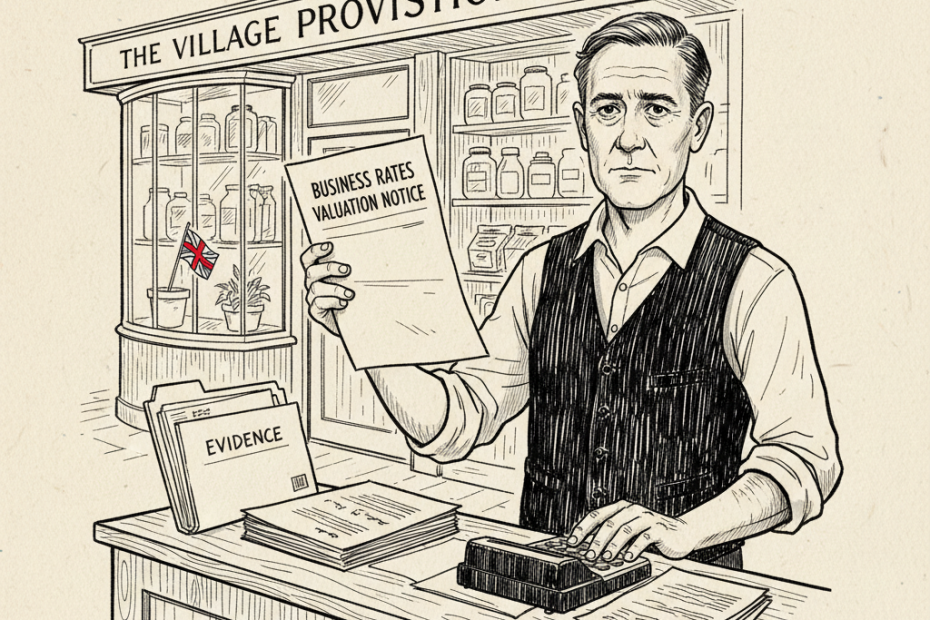 Pen-and-ink illustration of a small English shop owner checking a business rates notice, with a small tucked-away St George's Cross as the only coloured element