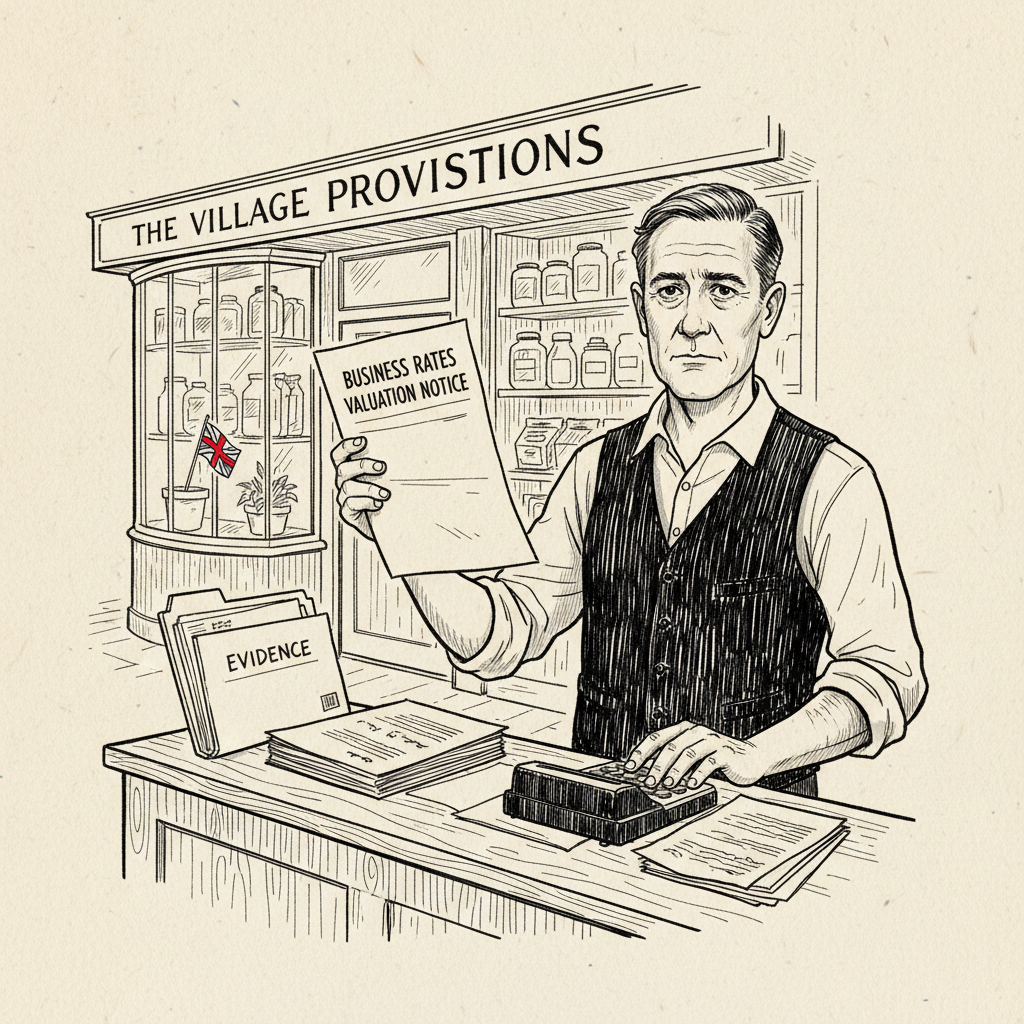 Pen-and-ink illustration of a small English shop owner checking a business rates notice, with a small tucked-away St George's Cross as the only coloured element
