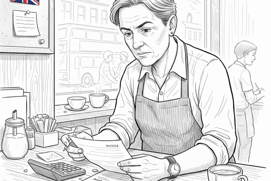 Pen-and-ink illustration of a UK cafe owner reviewing costs at a counter, with a small tucked-away Union Jack as the only coloured element