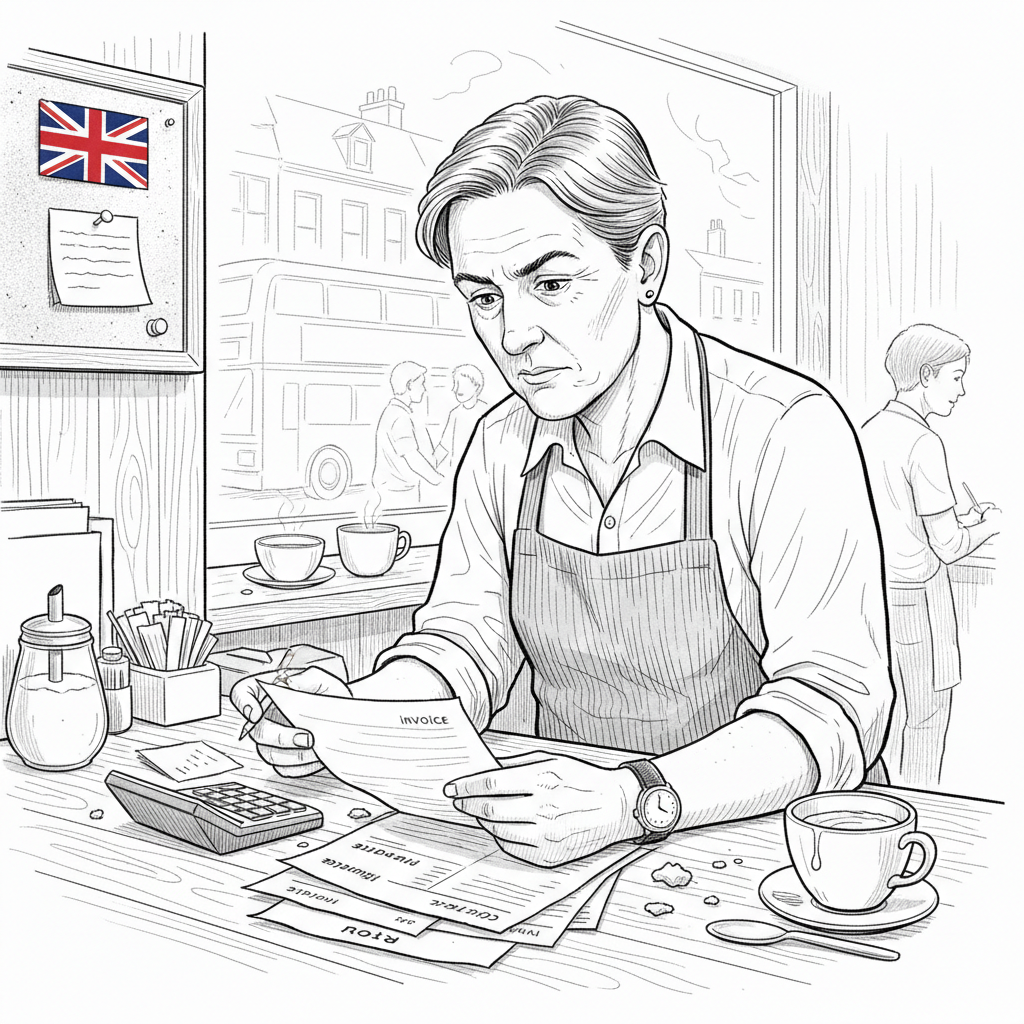 Pen-and-ink illustration of a UK cafe owner reviewing costs at a counter, with a small tucked-away Union Jack as the only coloured element