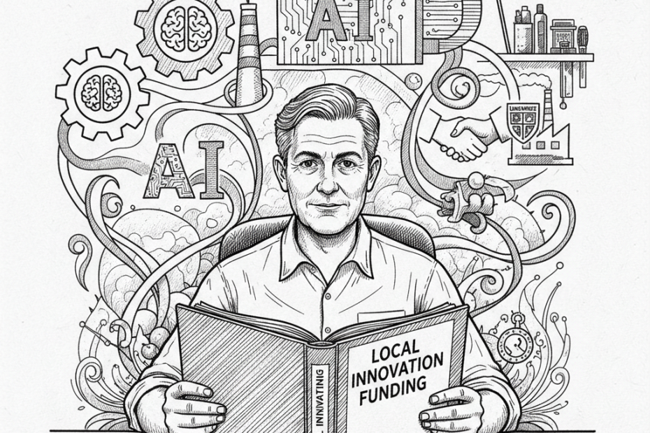 Pen-and-ink illustration of a small English business owner reviewing local innovation funding plans with a small tucked-away St George's flag as the only coloured element