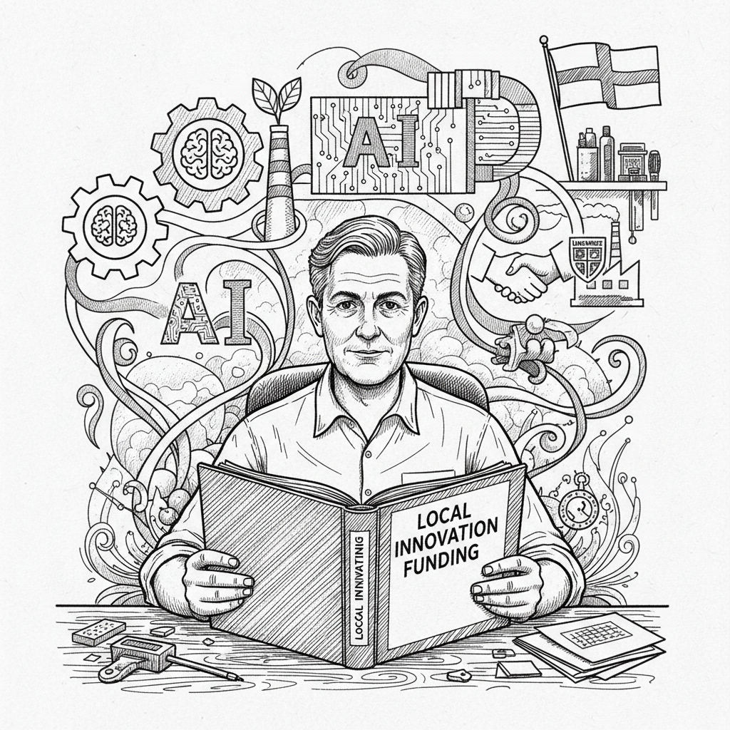 Pen-and-ink illustration of a small English business owner reviewing local innovation funding plans with a small tucked-away St George's flag as the only coloured element