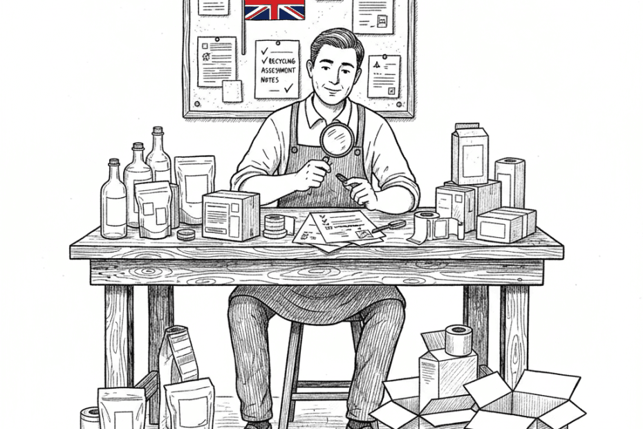 Pen-and-ink illustration of a small business owner checking product packaging and recycling symbols at a workbench, with a small tucked-away Union Jack as the only coloured element