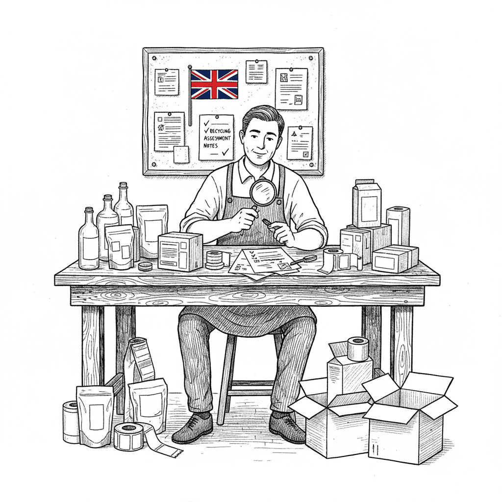 Pen-and-ink illustration of a small business owner checking product packaging and recycling symbols at a workbench, with a small tucked-away Union Jack as the only coloured element