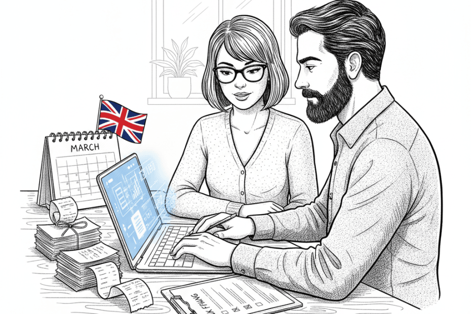 Pen-and-ink illustration of a small UK business owner and accountant reviewing digital tax records on a laptop, with a small tucked-away Union Jack as the only coloured element