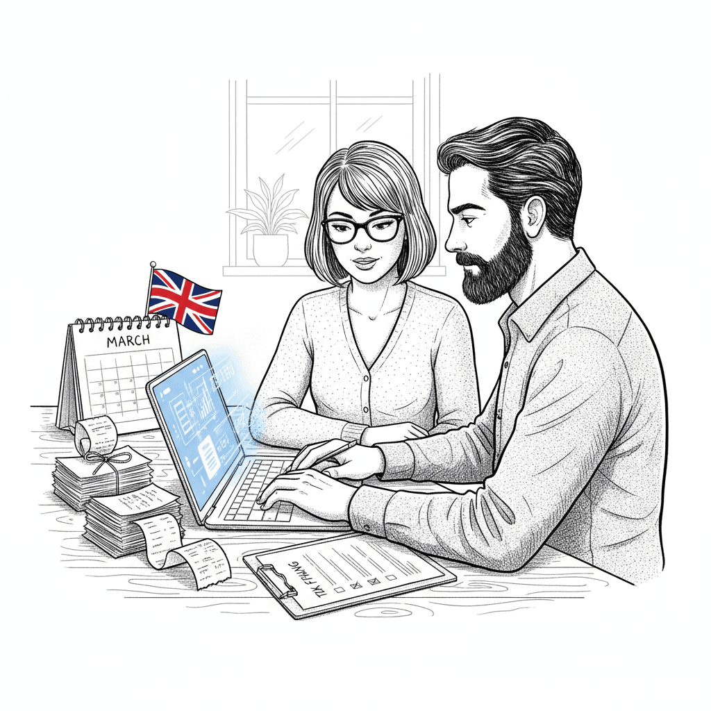 Pen-and-ink illustration of a small UK business owner and accountant reviewing digital tax records on a laptop, with a small tucked-away Union Jack as the only coloured element