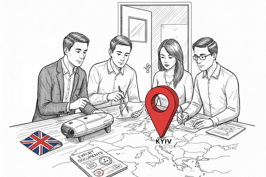Pen-and-ink illustration of a small British defence technology team reviewing a map and drone parts for a Kyiv business centre, with a small tucked-away Union Jack as the only coloured element
