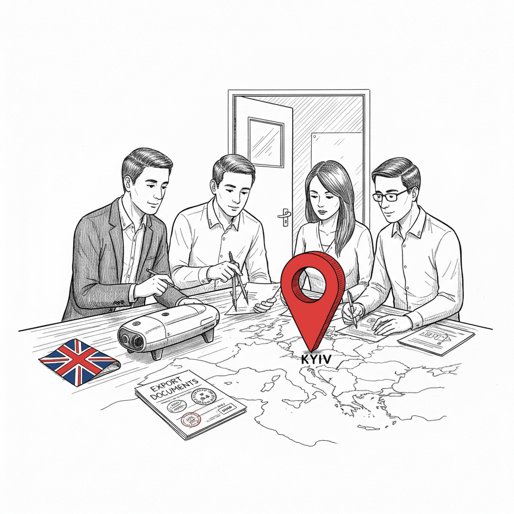 Pen-and-ink illustration of a small British defence technology team reviewing a map and drone parts for a Kyiv business centre, with a small tucked-away Union Jack as the only coloured element