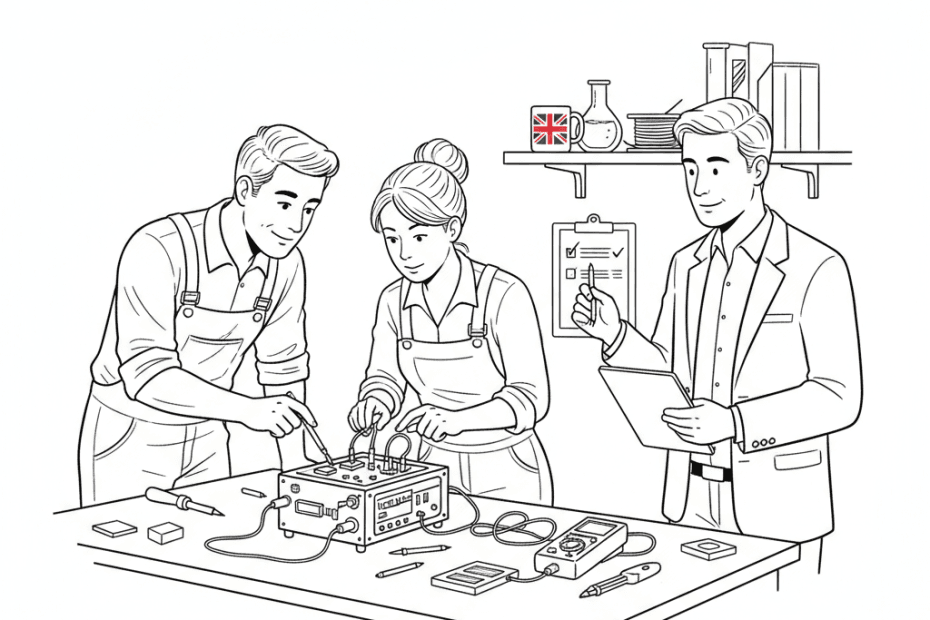 Pen-and-ink illustration of a small business team testing a new product with a regulator, with a small tucked-away Union Jack as the only coloured element