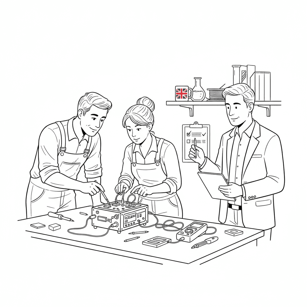 Pen-and-ink illustration of a small business team testing a new product with a regulator, with a small tucked-away Union Jack as the only coloured element