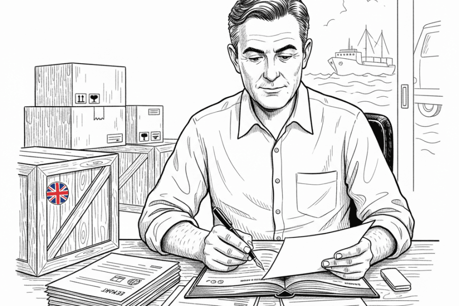 Pen-and-ink illustration of a small UK business preparing export documents beside packed goods, with a small tucked-away Union Jack as the only coloured element