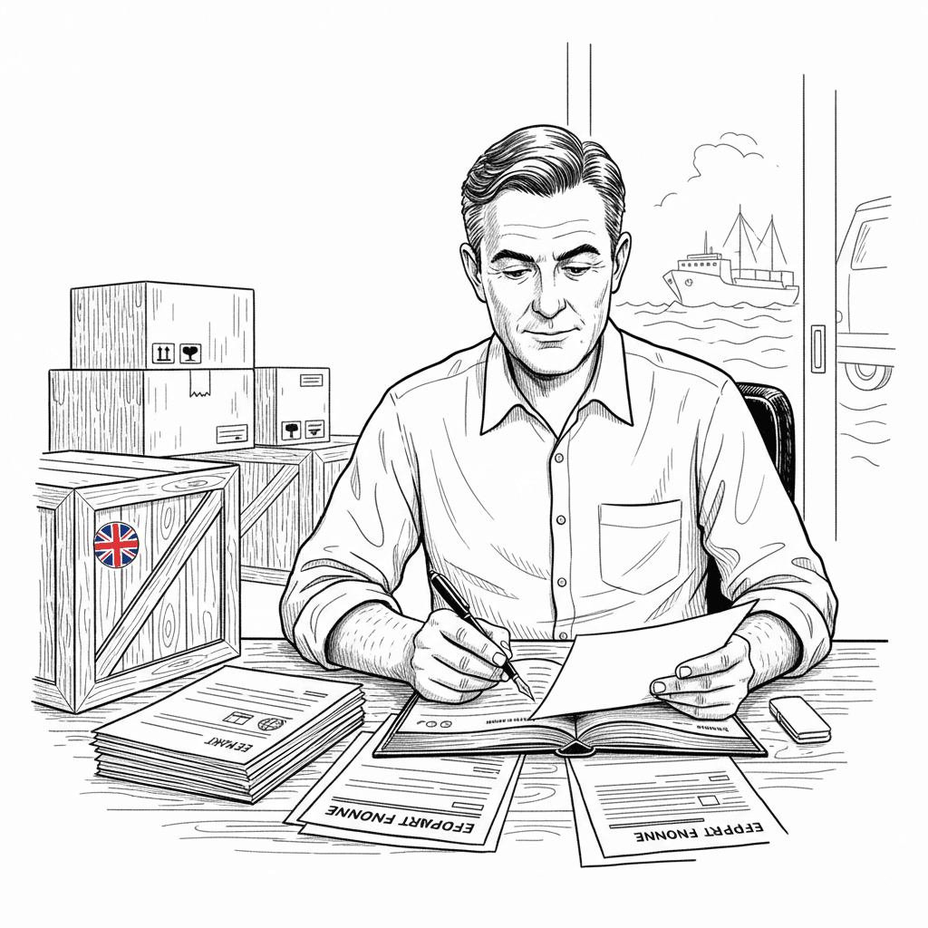 Pen-and-ink illustration of a small UK business preparing export documents beside packed goods, with a small tucked-away Union Jack as the only coloured element