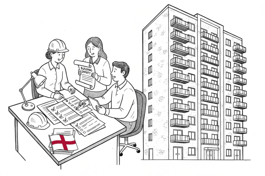 Pen-and-ink illustration of a small construction business reviewing building safety documents beside a high-rise outline, with a small tucked-away England flag as the only coloured element