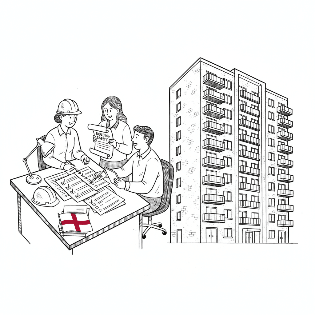 Pen-and-ink illustration of a small construction business reviewing building safety documents beside a high-rise outline, with a small tucked-away England flag as the only coloured element