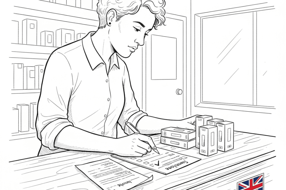 Pen-and-ink illustration of a small shop counter with boxed vaping products and a checklist, with a small tucked-away Union Jack as the only coloured element