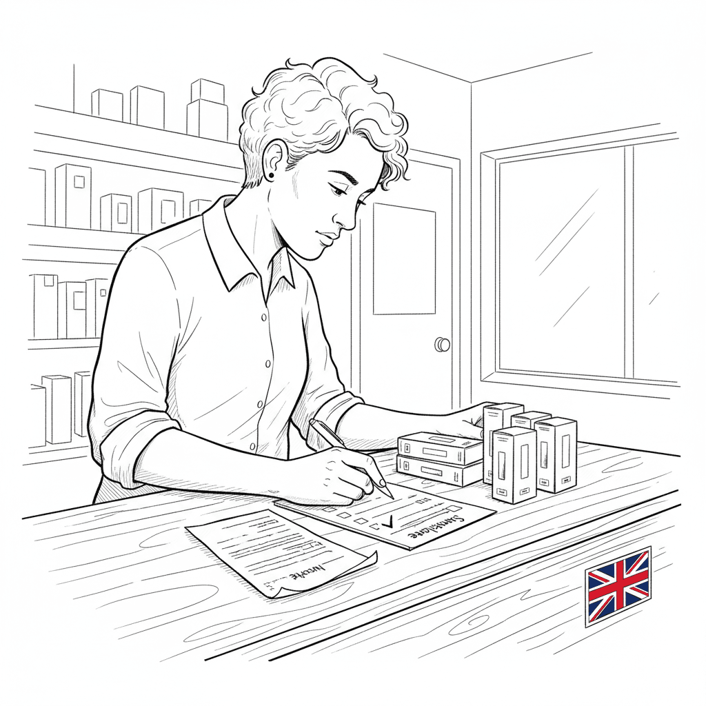 Pen-and-ink illustration of a small shop counter with boxed vaping products and a checklist, with a small tucked-away Union Jack as the only coloured element