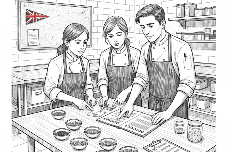 Pen-and-ink illustration of a small food business team checking a product dossier in a kitchen workspace, with a small Union Jack as the only coloured element