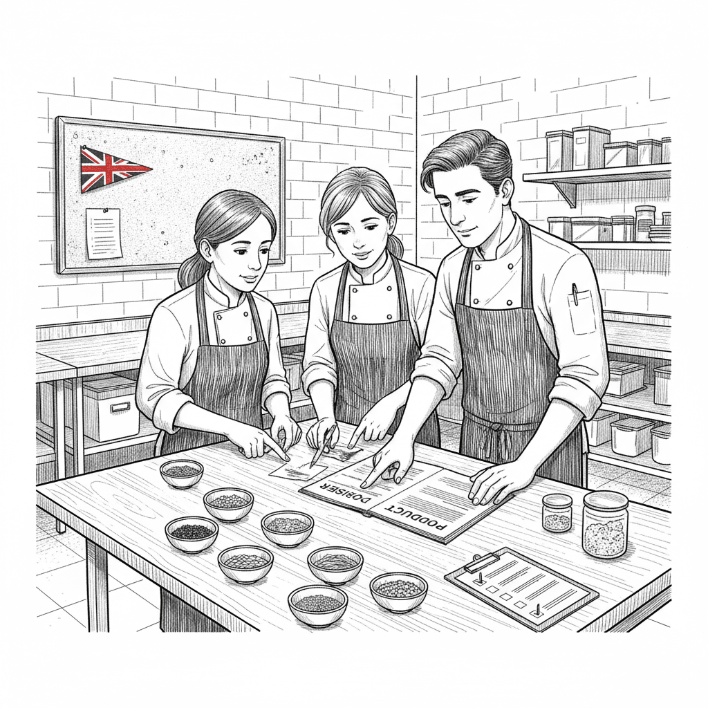 Pen-and-ink illustration of a small food business team checking a product dossier in a kitchen workspace, with a small Union Jack as the only coloured element