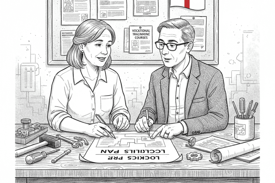 Pen-and-ink illustration of a small business owner and a college tutor reviewing a local skills plan beside workshop tools, with a small tucked-away England flag as the only coloured element