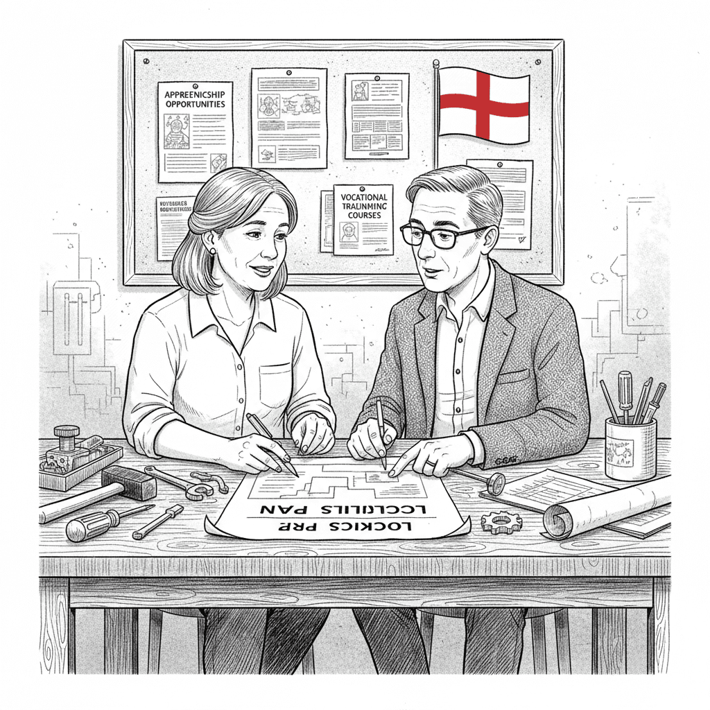 Pen-and-ink illustration of a small business owner and a college tutor reviewing a local skills plan beside workshop tools, with a small tucked-away England flag as the only coloured element