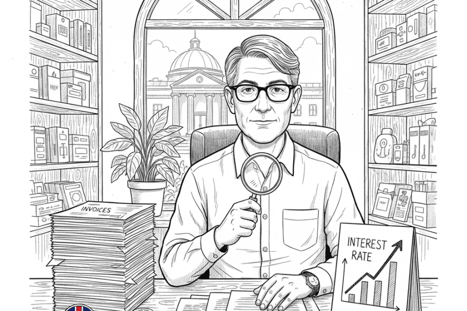 Pen-and-ink illustration of a small shop owner reviewing loan papers and a cash-flow chart beside a bank building, with a small tucked-away Union Jack as the only coloured element