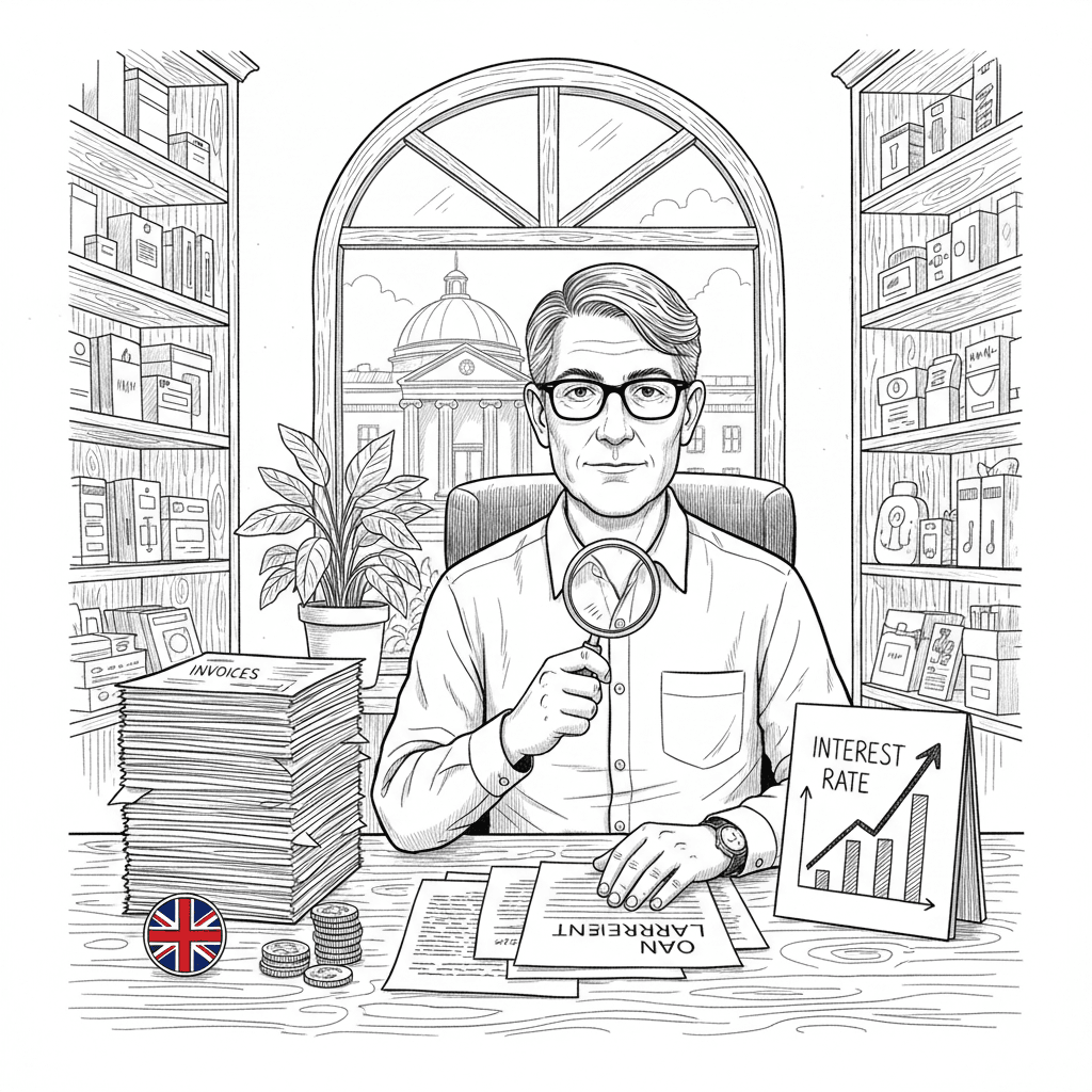 Pen-and-ink illustration of a small shop owner reviewing loan papers and a cash-flow chart beside a bank building, with a small tucked-away Union Jack as the only coloured element