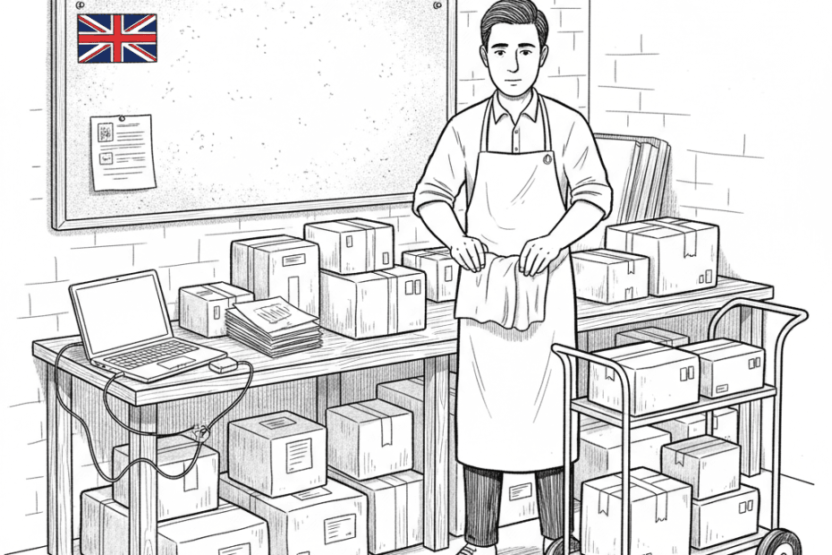 Pen-and-ink illustration of a small exporter packing goods beside finance paperwork, with a small tucked-away Union Jack as the only coloured element