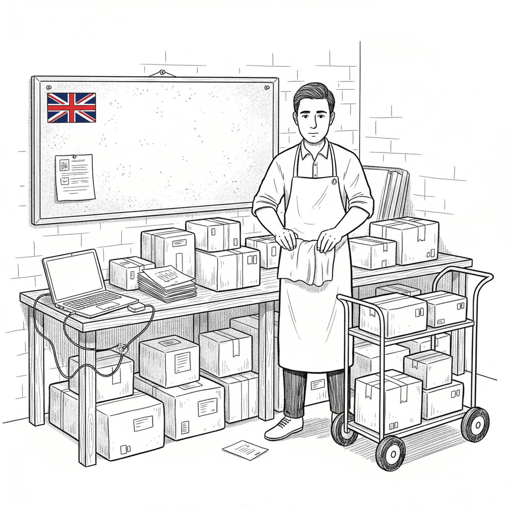 Pen-and-ink illustration of a small exporter packing goods beside finance paperwork, with a small tucked-away Union Jack as the only coloured element