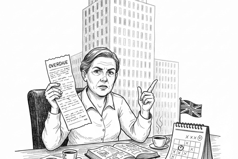 Pen-and-ink illustration of a small business owner checking an overdue invoice beside a wall calendar, with a small tucked-away Union Jack as the only coloured element
