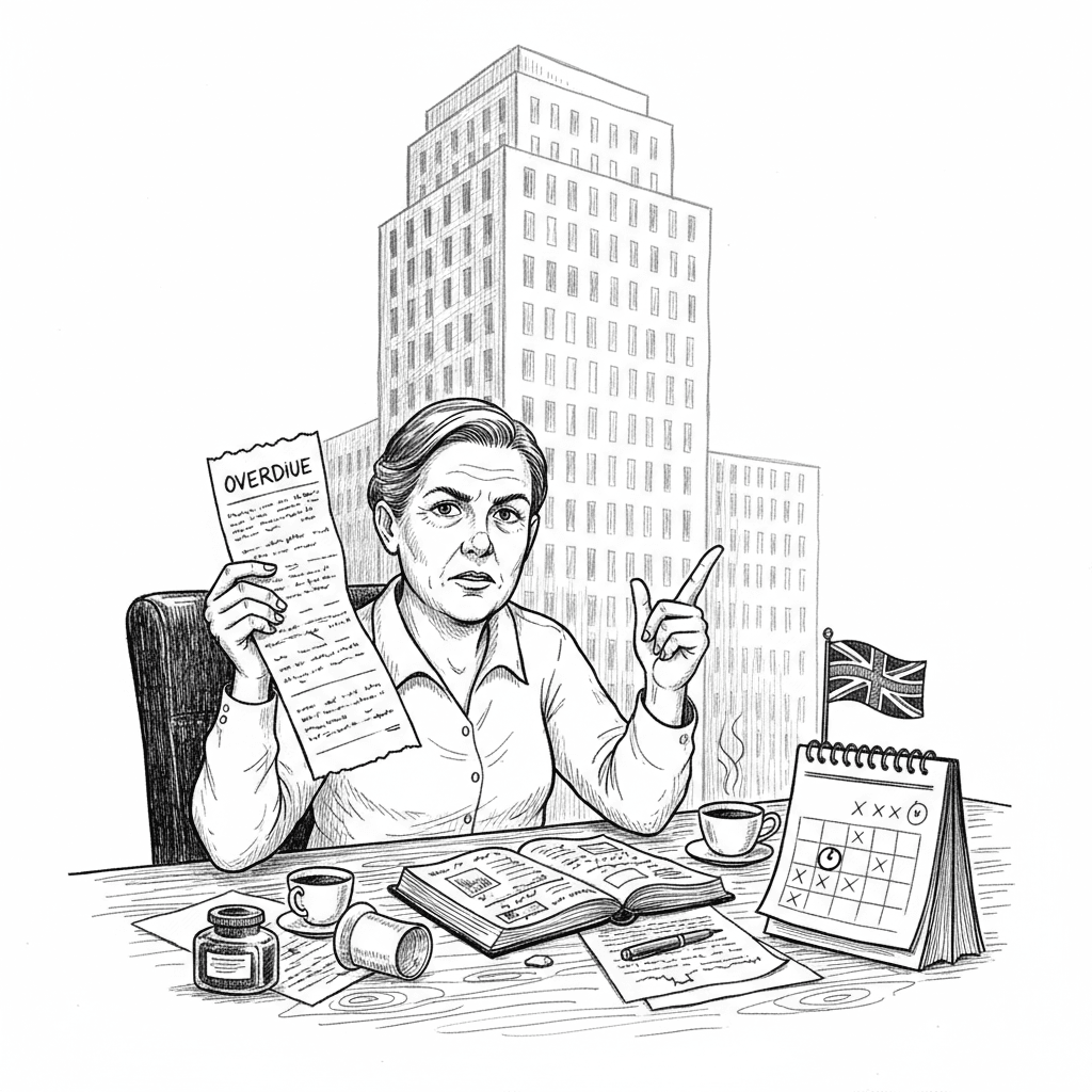 Pen-and-ink illustration of a small business owner checking an overdue invoice beside a wall calendar, with a small tucked-away Union Jack as the only coloured element