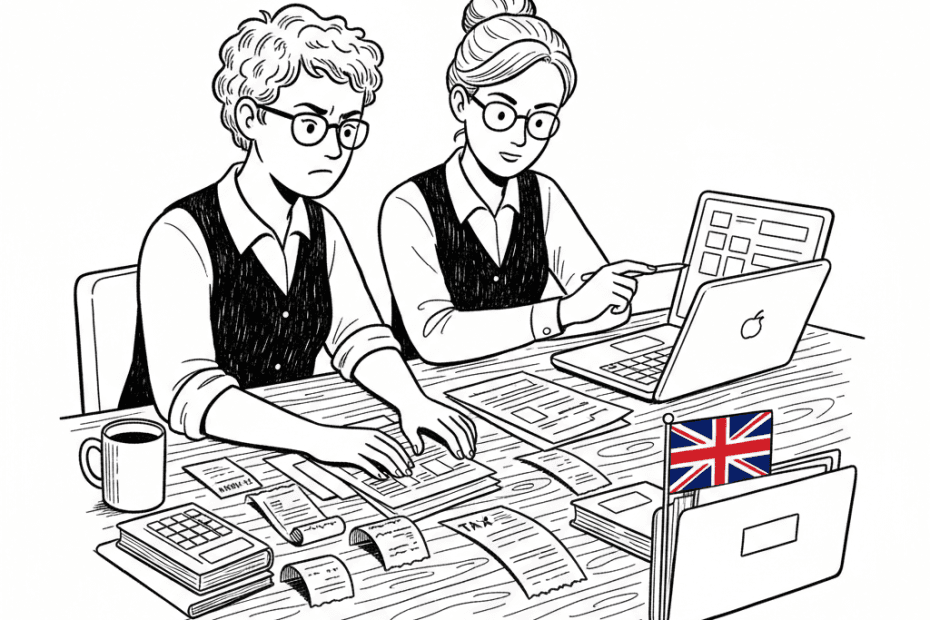 Pen-and-ink illustration of a small business owner reviewing tax papers with an accountant, with a small tucked-away Union Jack as the only coloured element