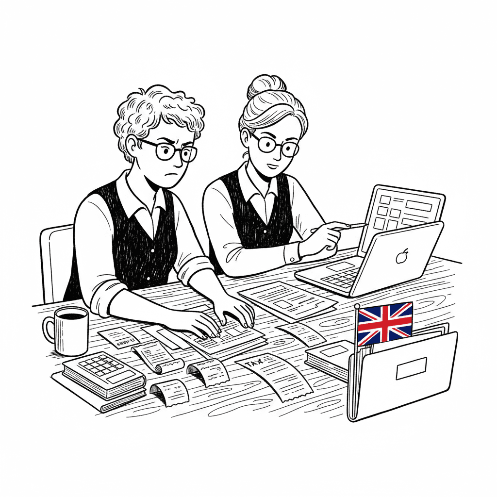 Pen-and-ink illustration of a small business owner reviewing tax papers with an accountant, with a small tucked-away Union Jack as the only coloured element