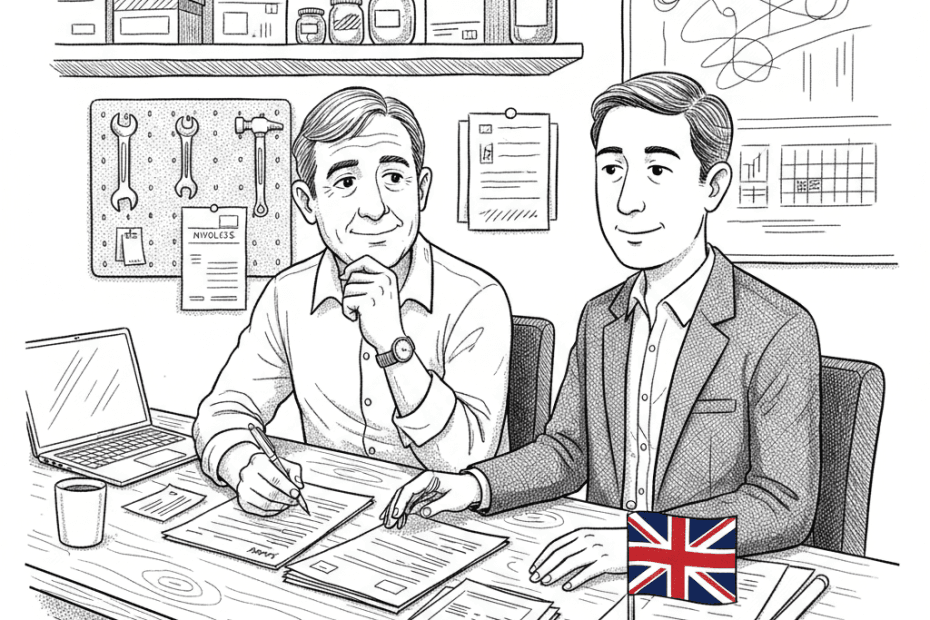 Pen-and-ink illustration of a small business owner reviewing finance papers with a lender, with a small tucked-away Union Jack as the only coloured element