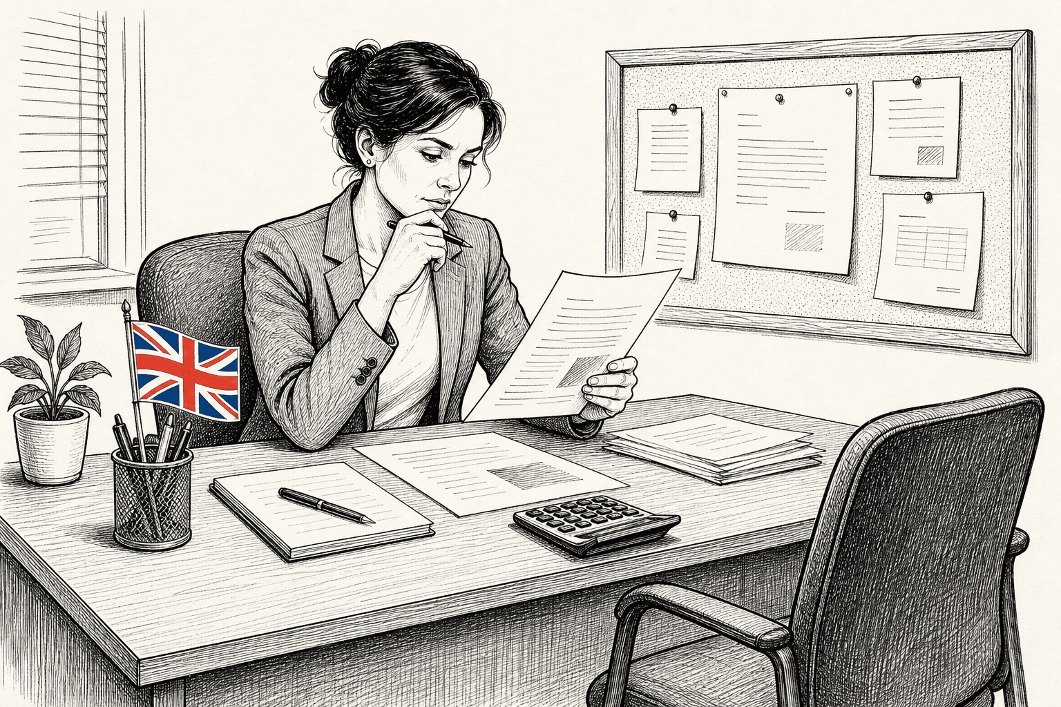 Pen-and-ink illustration of a small business owner reviewing a job advert and salary figures, with a small tucked-away Union Jack as the only coloured element