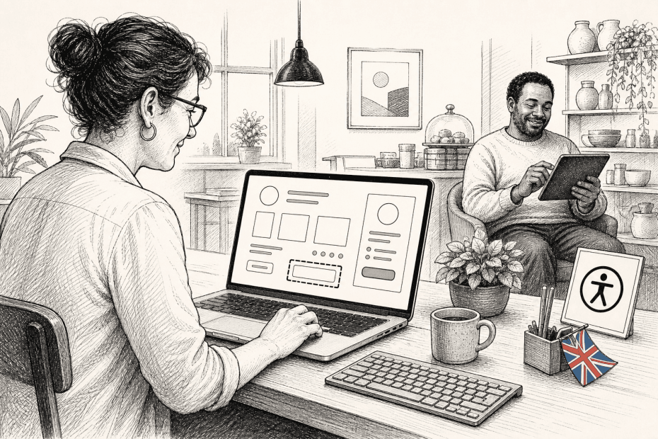Pen-and-ink illustration of a small business owner testing an accessible website, with a small tucked-away Union Jack as the only coloured element