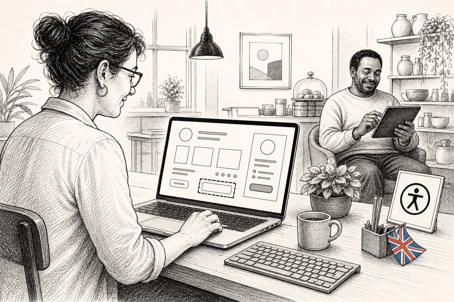 Pen-and-ink illustration of a small business owner testing an accessible website, with a small tucked-away Union Jack as the only coloured element