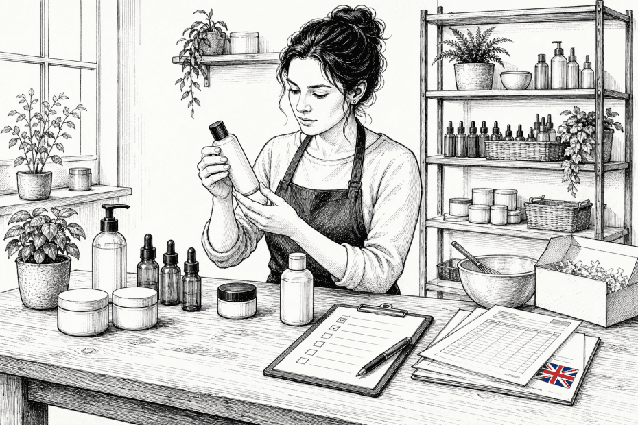 Pen-and-ink illustration of a small cosmetics business owner checking product bottles and compliance documents, with a small tucked-away Union Jack as the only coloured element