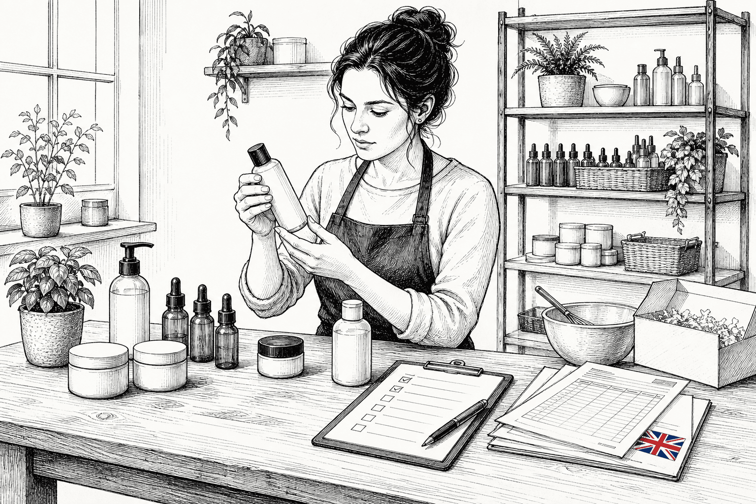 Pen-and-ink illustration of a small cosmetics business owner checking product bottles and compliance documents, with a small tucked-away Union Jack as the only coloured element