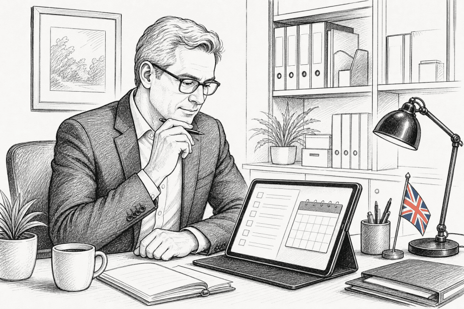 Pen-and-ink illustration of a UK tax adviser reviewing a registration checklist, with a small Union Jack as the only coloured element