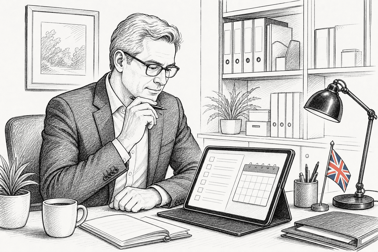 Pen-and-ink illustration of a UK tax adviser reviewing a registration checklist, with a small Union Jack as the only coloured element