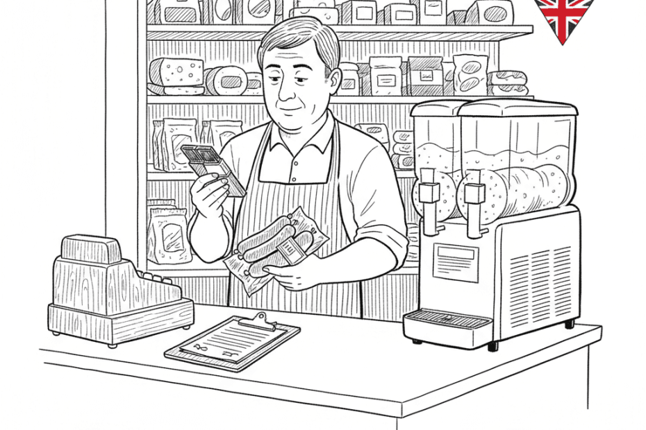 Pen-and-ink illustration of a small independent food shop counter with labelled products being checked, with a small tucked-away Union Jack as the only coloured element