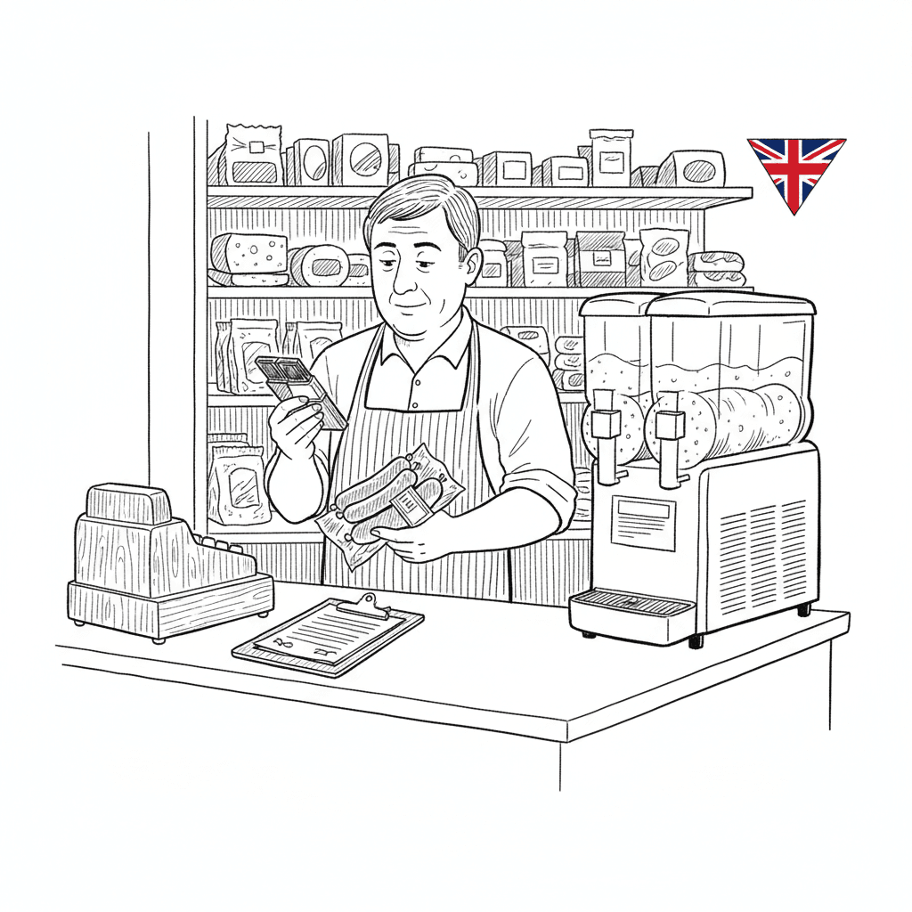 Pen-and-ink illustration of a small independent food shop counter with labelled products being checked, with a small tucked-away Union Jack as the only coloured element