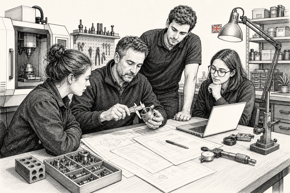 Pen-and-ink illustration of a small engineering business examining a precision component for a defence contract, with a small tucked-away Union Jack as the only coloured element